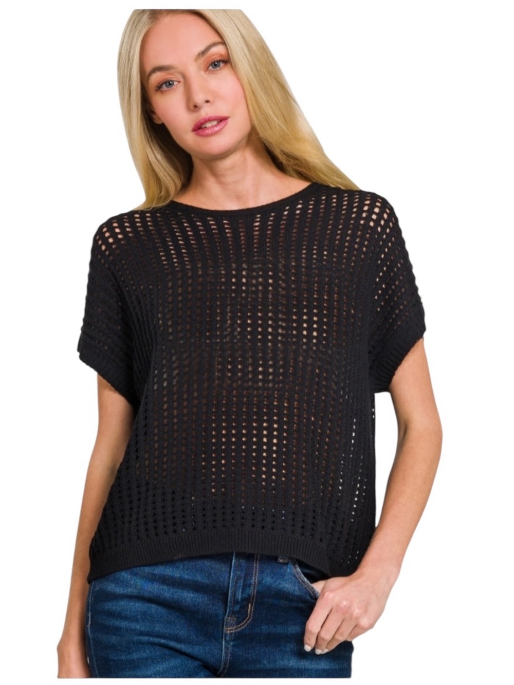 Zenana Black Open Crochet Knit Short Sleeve